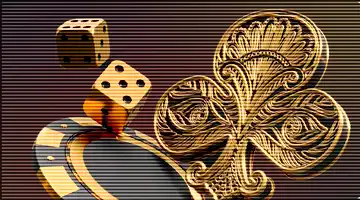 Премиальный пакет с изображением игральной фишки, кубиков и символа трефы в золотом стиле на темном фоне, олицетворяющий эксклюзивные привилегии в Fenix.